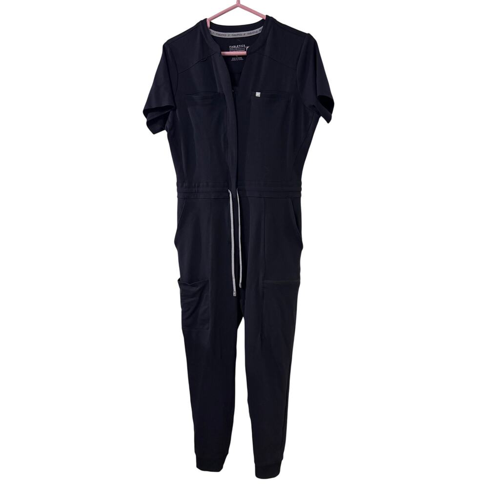 Fabletics Scrub Jumpsuit Lg Black V-Neck Drawstring Pocket Feel Good Performance